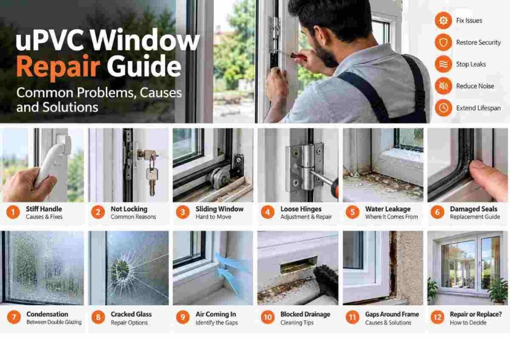uPVC window repair guide showing common problems, causes and solutions